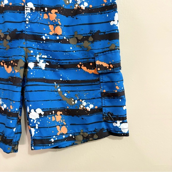 Blue & Orange Paint Splatter Striped Kids Swim Trunks w Mesh Lining - Picture 5 of 12